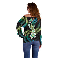 Hawaii Plumeria Off Shoulder Sweater Chartreuse Cyan Polynesian Pattern