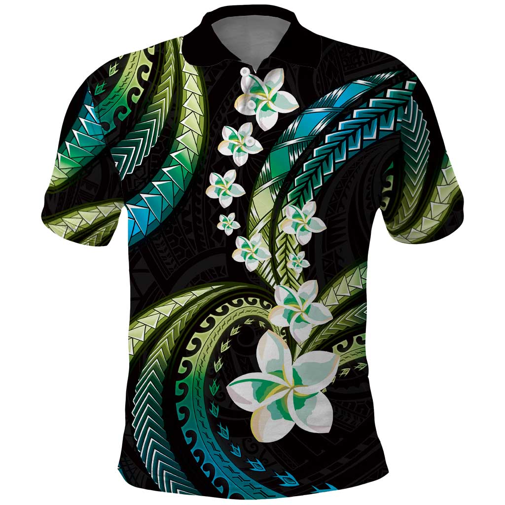 Hawaii Plumeria Polo Shirt Chartreuse Cyan Polynesian Pattern