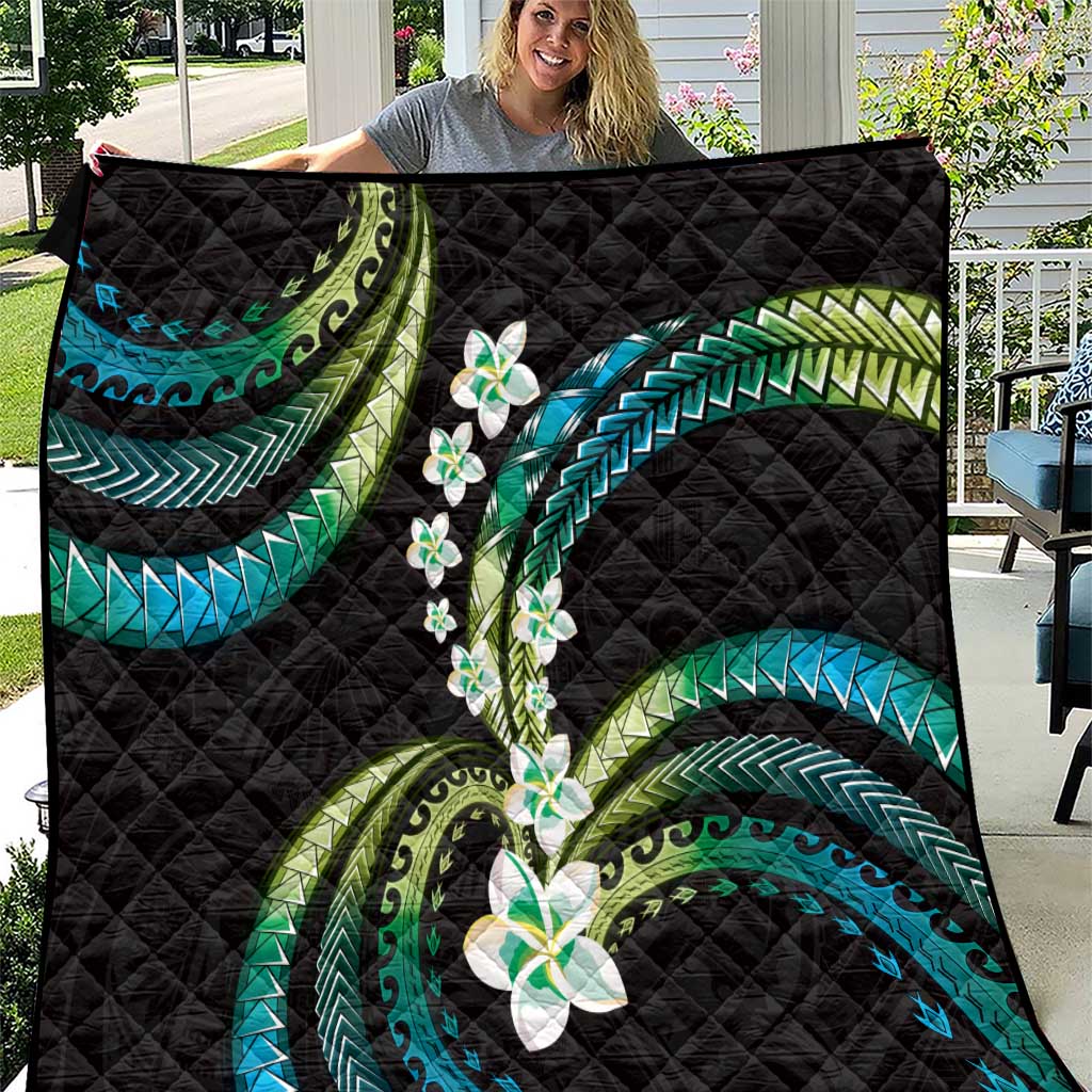 Hawaii Plumeria Quilt Chartreuse Cyan Polynesian Pattern