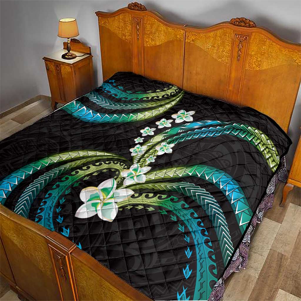 Hawaii Plumeria Quilt Chartreuse Cyan Polynesian Pattern