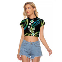 Hawaii Plumeria Raglan Cropped T Shirt Chartreuse Cyan Polynesian Pattern