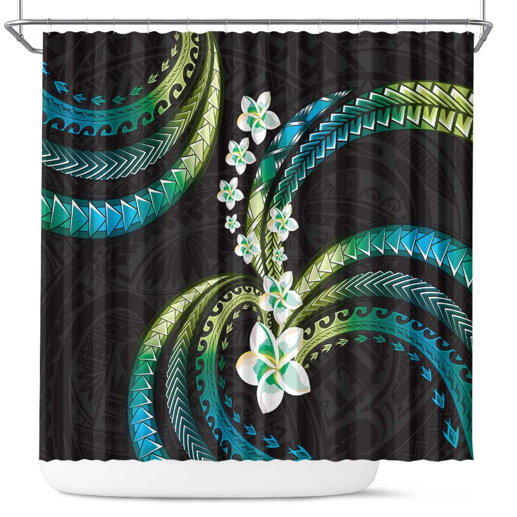 Hawaii Plumeria Shower Curtain Chartreuse Cyan Polynesian Pattern