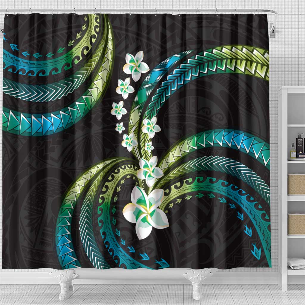 Hawaii Plumeria Shower Curtain Chartreuse Cyan Polynesian Pattern
