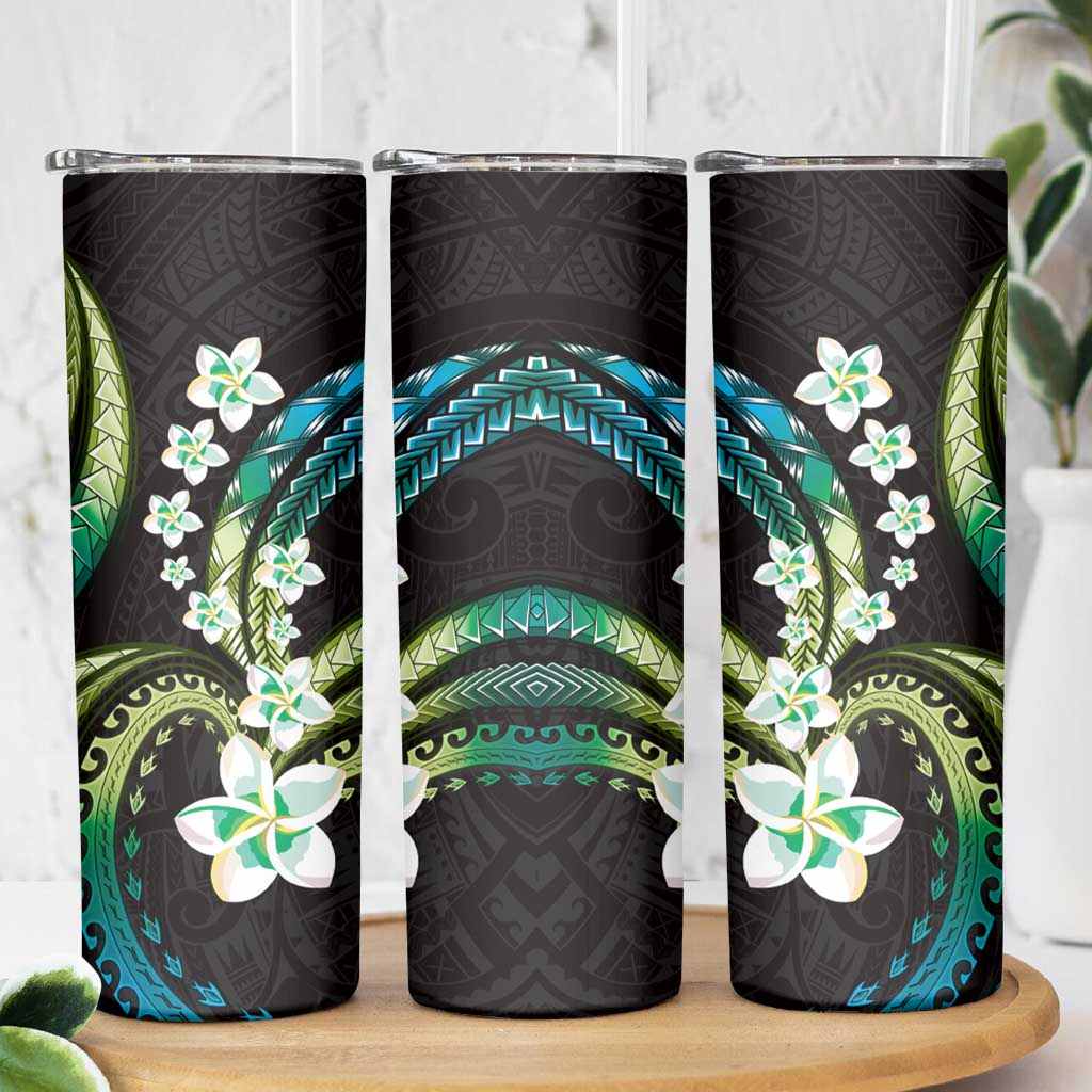 Hawaii Plumeria Skinny Tumbler Chartreuse Cyan Polynesian Pattern
