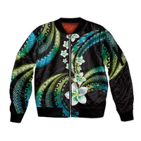Hawaii Plumeria Sleeve Zip Bomber Jacket Chartreuse Cyan Polynesian Pattern