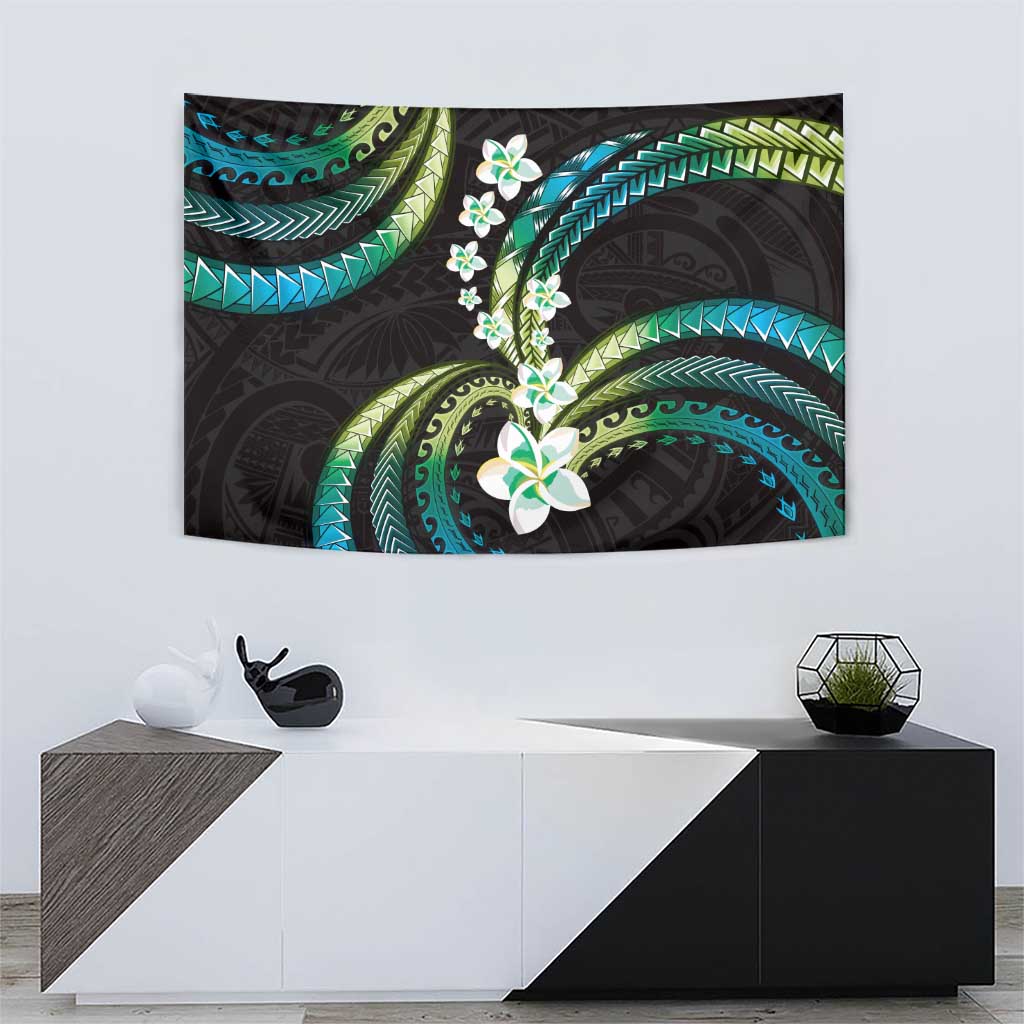 Hawaii Plumeria Tapestry Chartreuse Cyan Polynesian Pattern