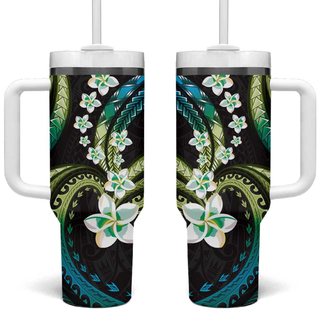 Hawaii Plumeria Tumbler With Handle Chartreuse Cyan Polynesian Pattern