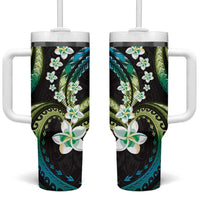 Hawaii Plumeria Tumbler With Handle Chartreuse Cyan Polynesian Pattern