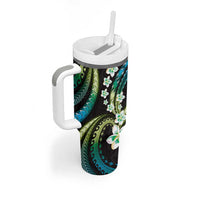 Hawaii Plumeria Tumbler With Handle Chartreuse Cyan Polynesian Pattern