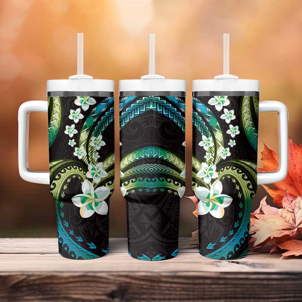 Hawaii Plumeria Tumbler With Handle Chartreuse Cyan Polynesian Pattern