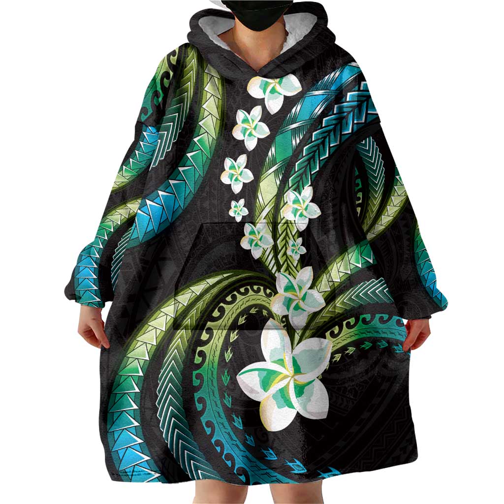 Hawaii Plumeria Wearable Blanket Hoodie Chartreuse Cyan Polynesian Pattern LT01 - Polynesian Pride