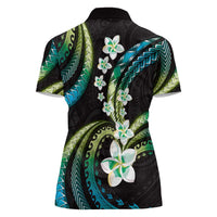 Hawaii Plumeria Women Polo Shirt Chartreuse Cyan Polynesian Pattern