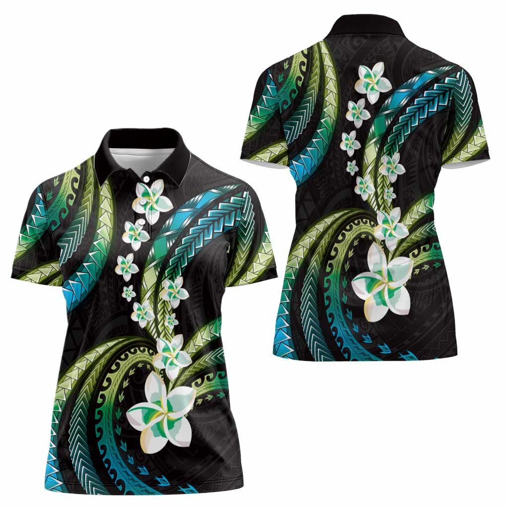Hawaii Plumeria Women Polo Shirt Chartreuse Cyan Polynesian Pattern