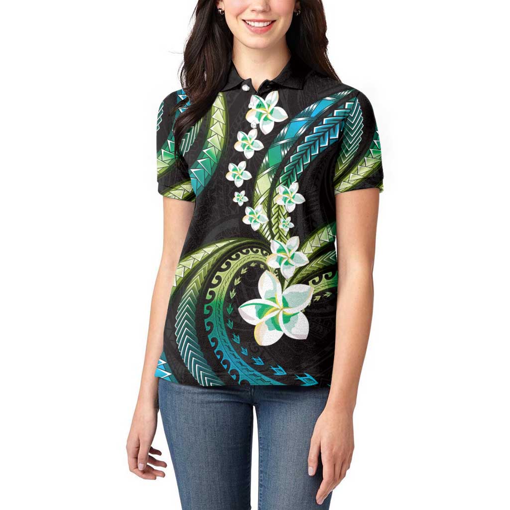 Hawaii Plumeria Women Polo Shirt Chartreuse Cyan Polynesian Pattern