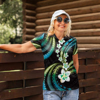 Hawaii Plumeria Women Polo Shirt Chartreuse Cyan Polynesian Pattern