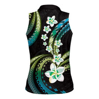 Hawaii Plumeria Women Sleeveless Polo Shirt Chartreuse Cyan Polynesian Pattern