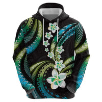 Hawaii Plumeria Zip Hoodie Chartreuse Cyan Polynesian Pattern