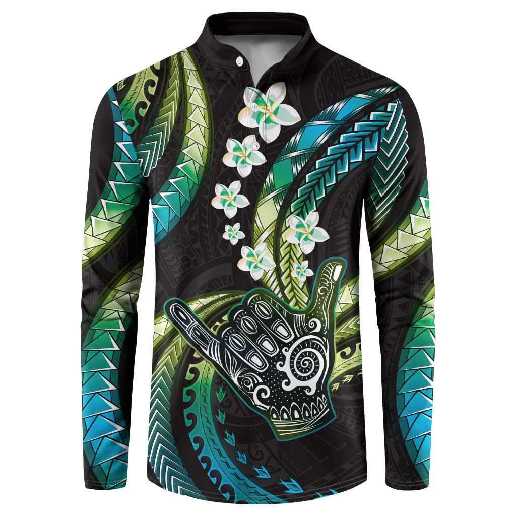 Hawaii Shaka Sign Button Sweatshirt Fantastic Frangipani Chartreuse Cyan LT01 Cyan - Polynesian Pride
