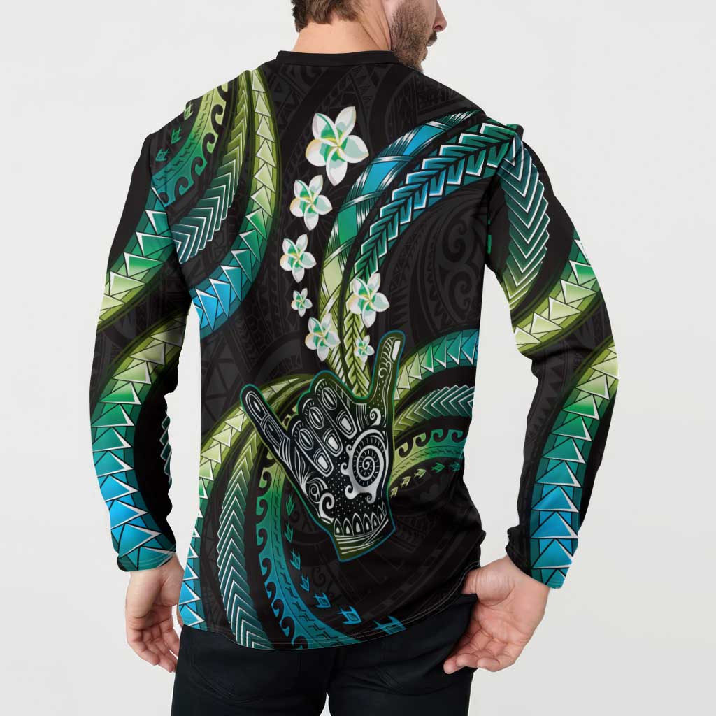Hawaii Shaka Sign Button Sweatshirt Fantastic Frangipani Chartreuse Cyan LT01 - Polynesian Pride