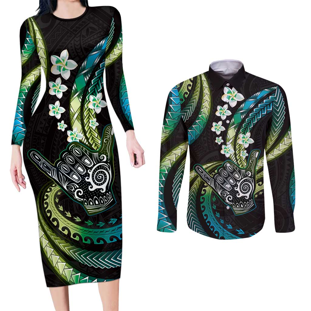 Hawaii Shaka Sign Couples Matching Long Sleeve Bodycon Dress and Long Sleeve Button Shirt Fantastic Frangipani Chartreuse Cyan LT01 Cyan - Polynesian Pride