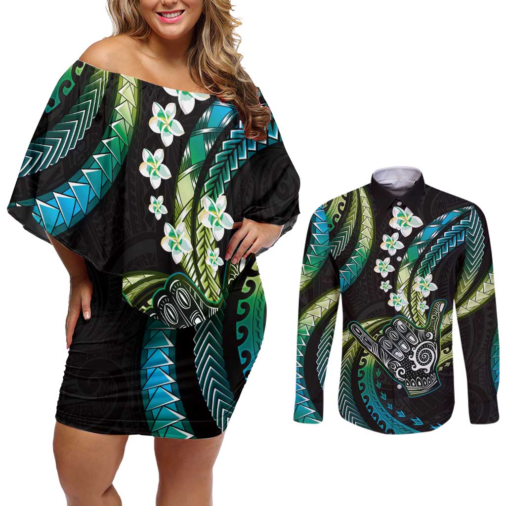 Hawaii Shaka Sign Couples Matching Off Shoulder Short Dress and Long Sleeve Button Shirt Fantastic Frangipani Chartreuse Cyan LT01 Cyan - Polynesian Pride