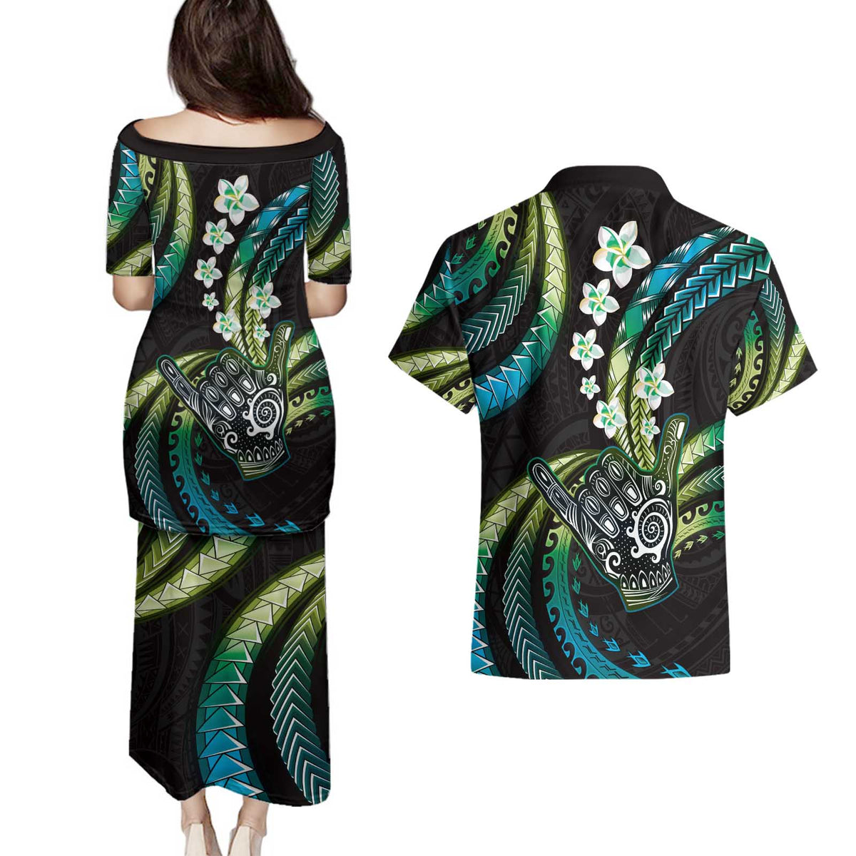 Hawaii Shaka Sign Couples Matching Puletasi and Hawaiian Shirt Fantastic Frangipani Chartreuse Cyan