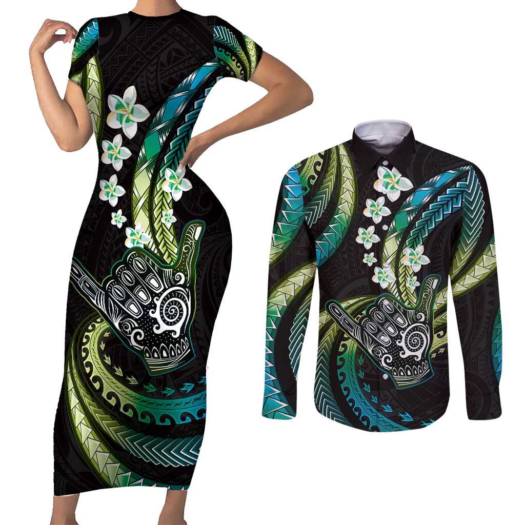 Hawaii Shaka Sign Couples Matching Short Sleeve Bodycon Dress and Long Sleeve Button Shirt Fantastic Frangipani Chartreuse Cyan LT01 Cyan - Polynesian Pride