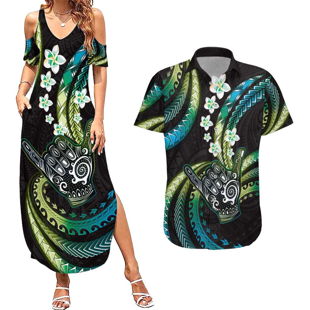 Hawaii Shaka Sign Couples Matching Summer Maxi Dress and Hawaiian Shirt Fantastic Frangipani Chartreuse Cyan LT01 Cyan - Polynesian Pride