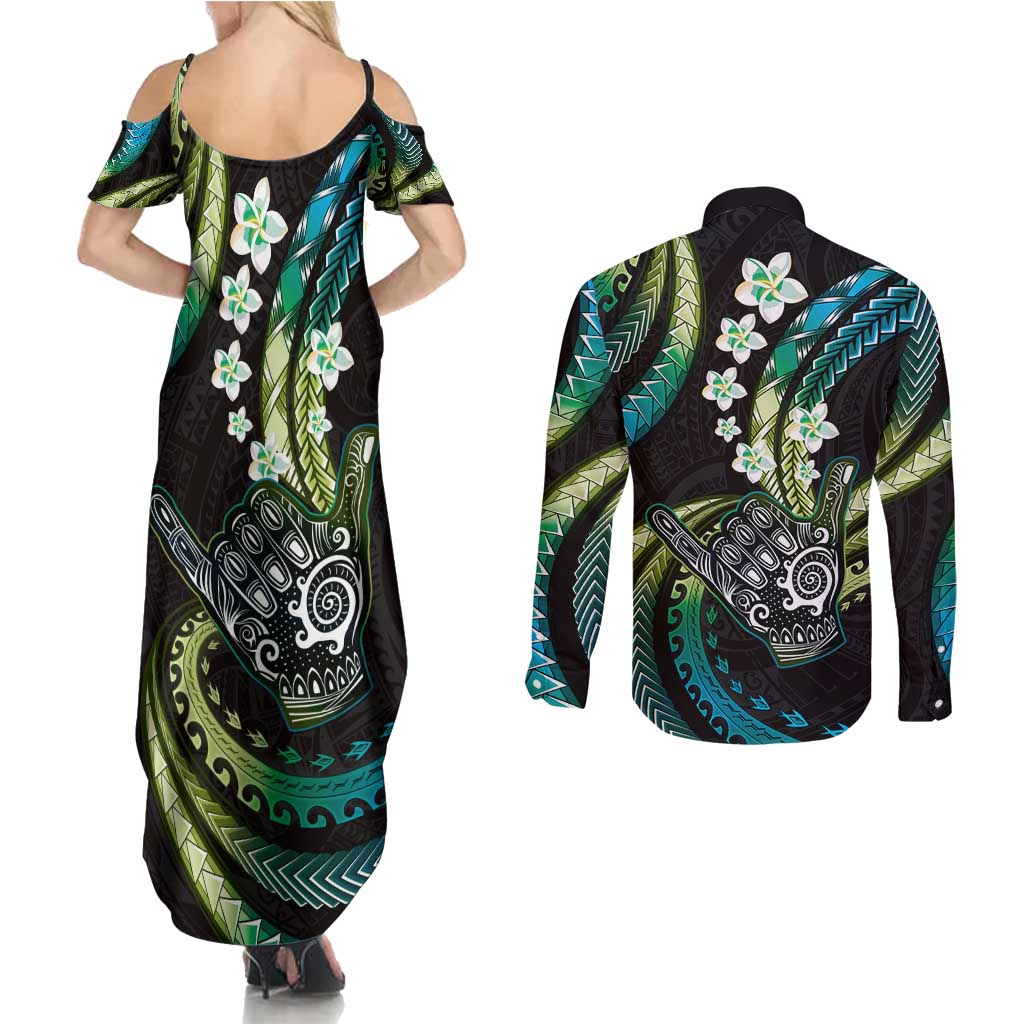 Hawaii Shaka Sign Couples Matching Summer Maxi Dress and Long Sleeve Button Shirt Fantastic Frangipani Chartreuse Cyan LT01 - Polynesian Pride