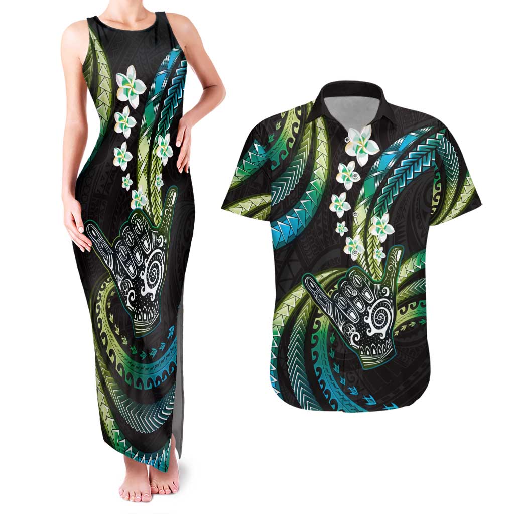 Hawaii Shaka Sign Couples Matching Tank Maxi Dress and Hawaiian Shirt Fantastic Frangipani Chartreuse Cyan LT01 Cyan - Polynesian Pride