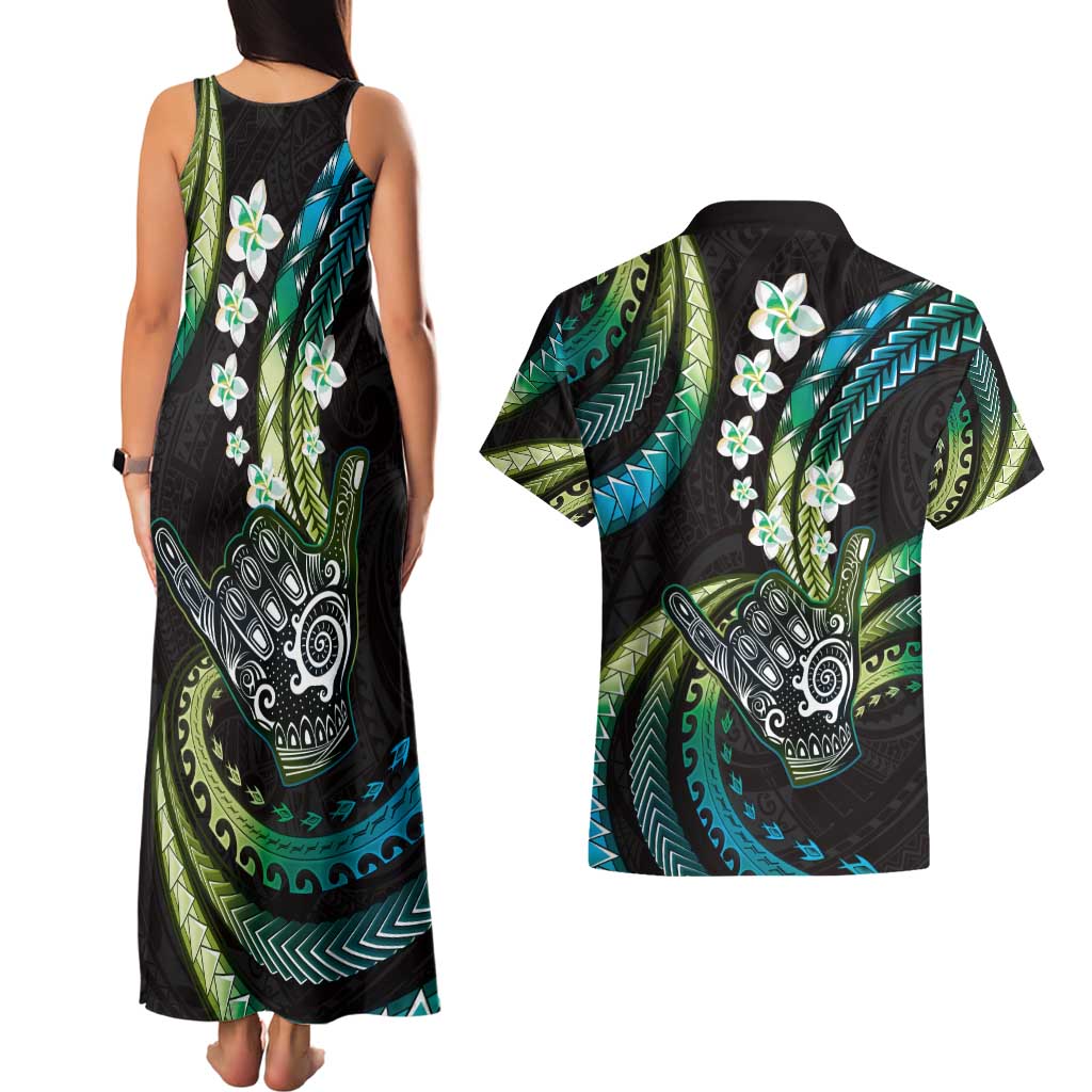 Hawaii Shaka Sign Couples Matching Tank Maxi Dress and Hawaiian Shirt Fantastic Frangipani Chartreuse Cyan LT01 - Polynesian Pride