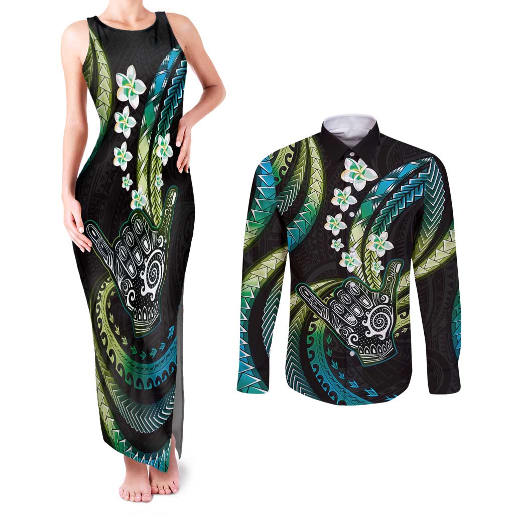 Hawaii Shaka Sign Couples Matching Tank Maxi Dress and Long Sleeve Button Shirt Fantastic Frangipani Chartreuse Cyan LT01 Cyan - Polynesian Pride