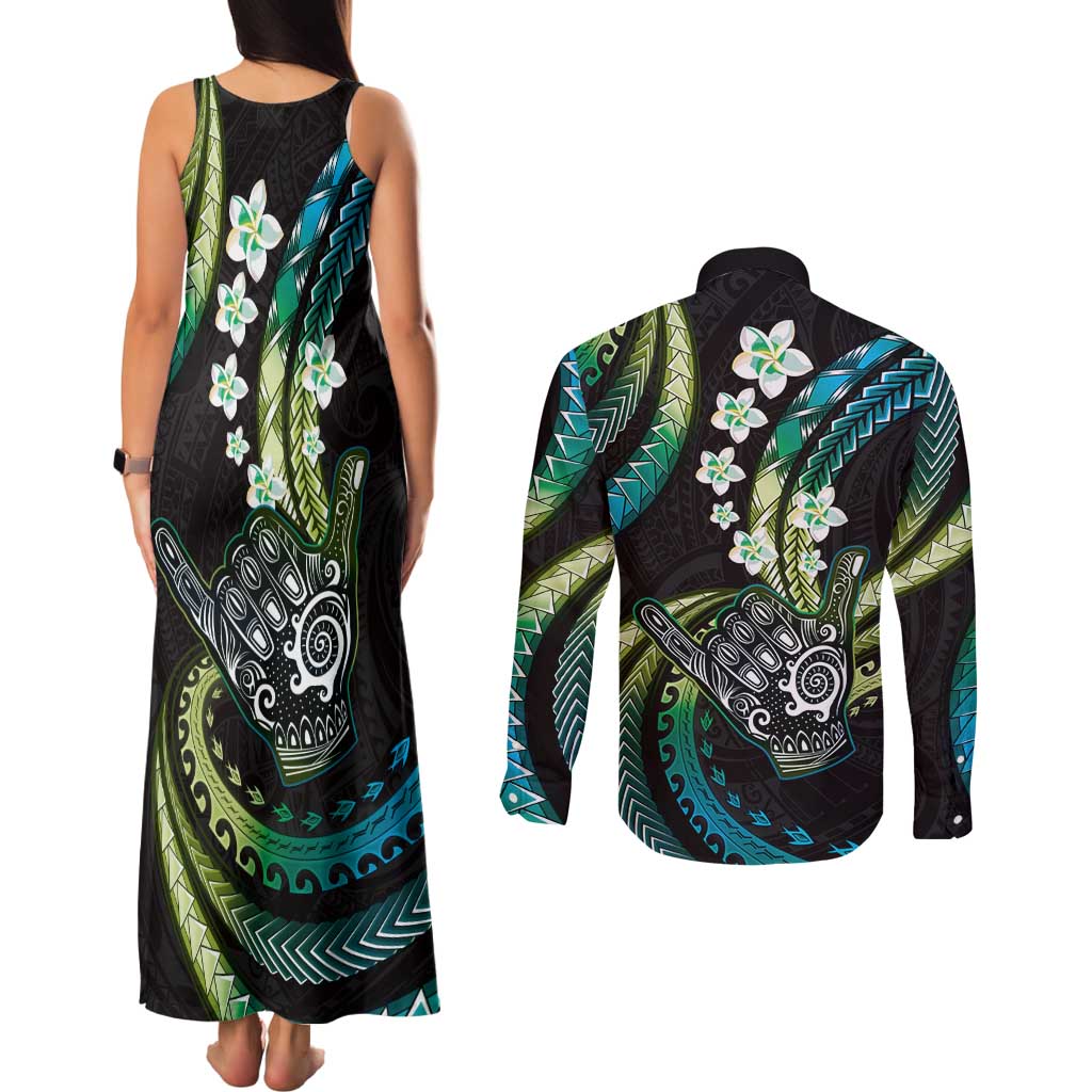 Hawaii Shaka Sign Couples Matching Tank Maxi Dress and Long Sleeve Button Shirt Fantastic Frangipani Chartreuse Cyan LT01 - Polynesian Pride