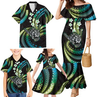 Hawaii Shaka Sign Family Matching Mermaid Dress and Hawaiian Shirt Fantastic Frangipani Chartreuse Cyan