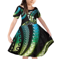 Hawaii Shaka Sign Family Matching Off Shoulder Short Dress and Hawaiian Shirt Fantastic Frangipani Chartreuse Cyan