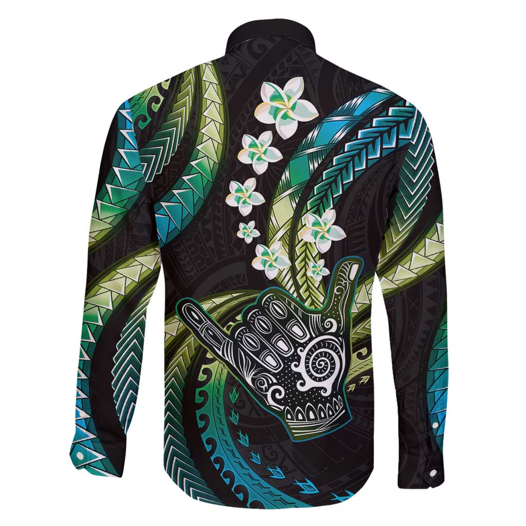 Hawaii Shaka Sign Family Matching Off Shoulder Short Dress and Hawaiian Shirt Fantastic Frangipani Chartreuse Cyan