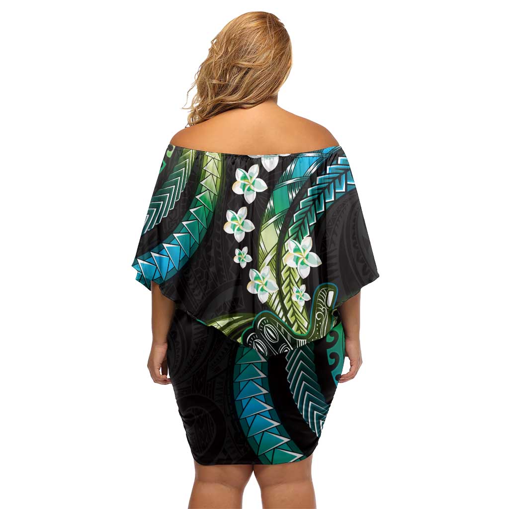 Hawaii Shaka Sign Family Matching Off Shoulder Short Dress and Hawaiian Shirt Fantastic Frangipani Chartreuse Cyan