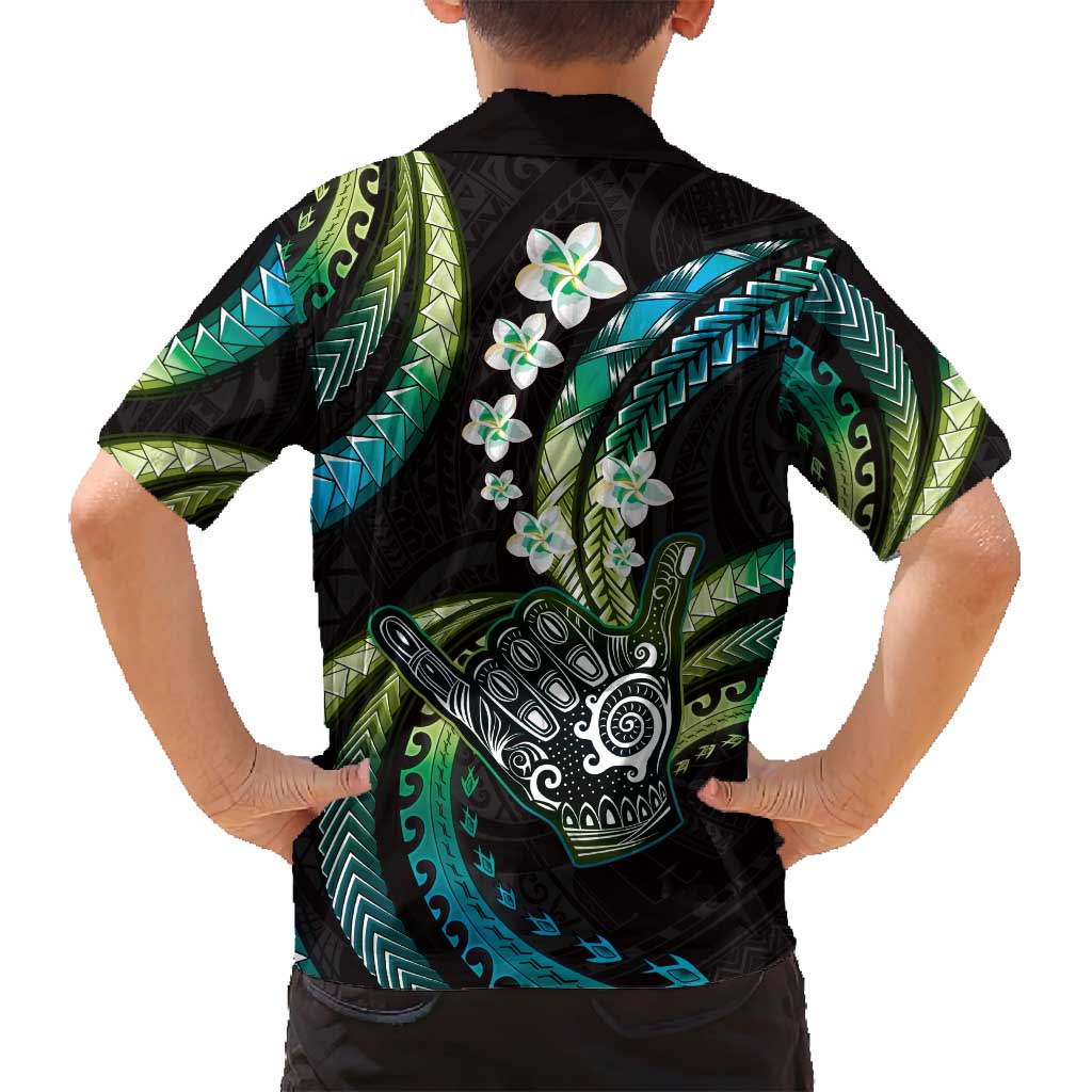 Hawaii Shaka Sign Family Matching Puletasi and Hawaiian Shirt Fantastic Frangipani Chartreuse Cyan