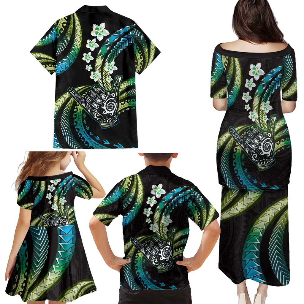 Hawaii Shaka Sign Family Matching Puletasi and Hawaiian Shirt Fantastic Frangipani Chartreuse Cyan