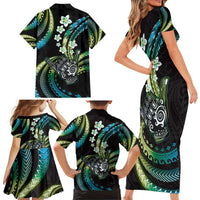 Hawaii Shaka Sign Family Matching Short Sleeve Bodycon Dress and Hawaiian Shirt Fantastic Frangipani Chartreuse Cyan