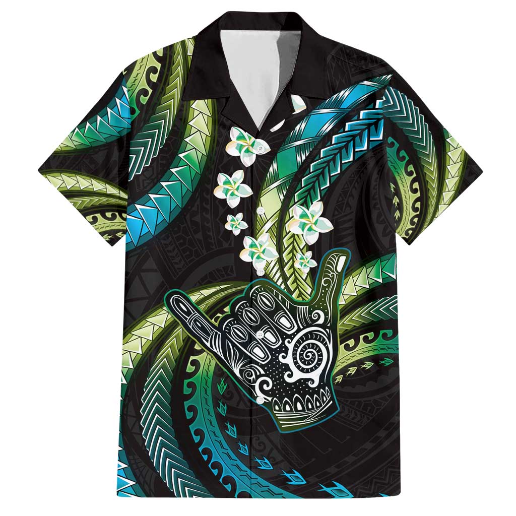 Hawaii Shaka Sign Family Matching Short Sleeve Bodycon Dress and Hawaiian Shirt Fantastic Frangipani Chartreuse Cyan