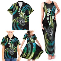 Hawaii Shaka Sign Family Matching Tank Maxi Dress and Hawaiian Shirt Fantastic Frangipani Chartreuse Cyan