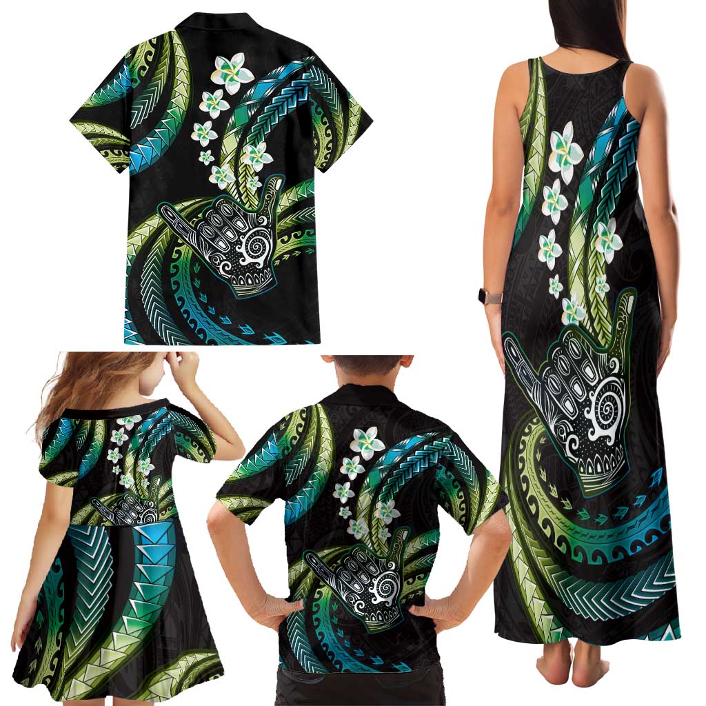 Hawaii Shaka Sign Family Matching Tank Maxi Dress and Hawaiian Shirt Fantastic Frangipani Chartreuse Cyan