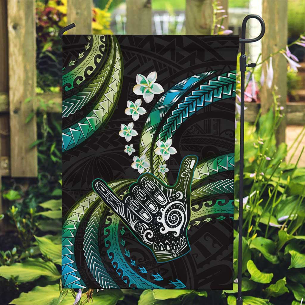 Hawaii Shaka Sign Garden Flag Fantastic Frangipani Chartreuse Cyan