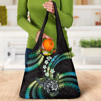 Hawaii Shaka Sign Grocery Bag Fantastic Frangipani Chartreuse Cyan