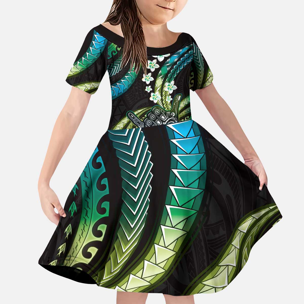 Hawaii Shaka Sign Kid Short Sleeve Dress Fantastic Frangipani Chartreuse Cyan LT01 KID Cyan - Polynesian Pride