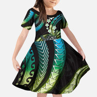 Hawaii Shaka Sign Kid Short Sleeve Dress Fantastic Frangipani Chartreuse Cyan LT01 KID Cyan - Polynesian Pride