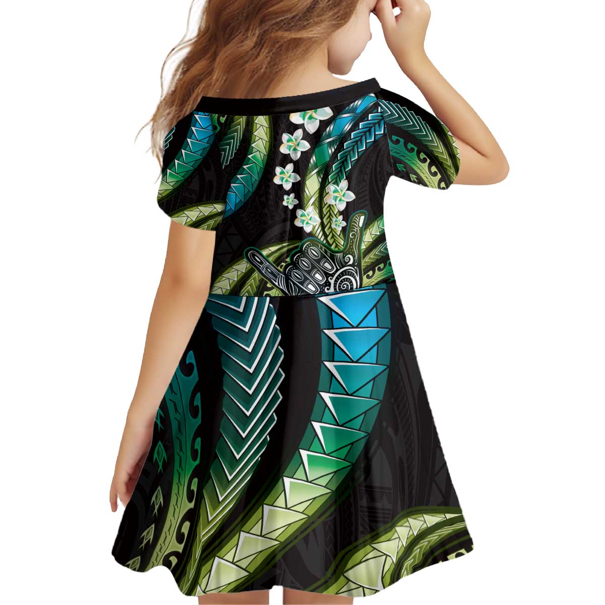 Hawaii Shaka Sign Kid Short Sleeve Dress Fantastic Frangipani Chartreuse Cyan LT01 - Polynesian Pride