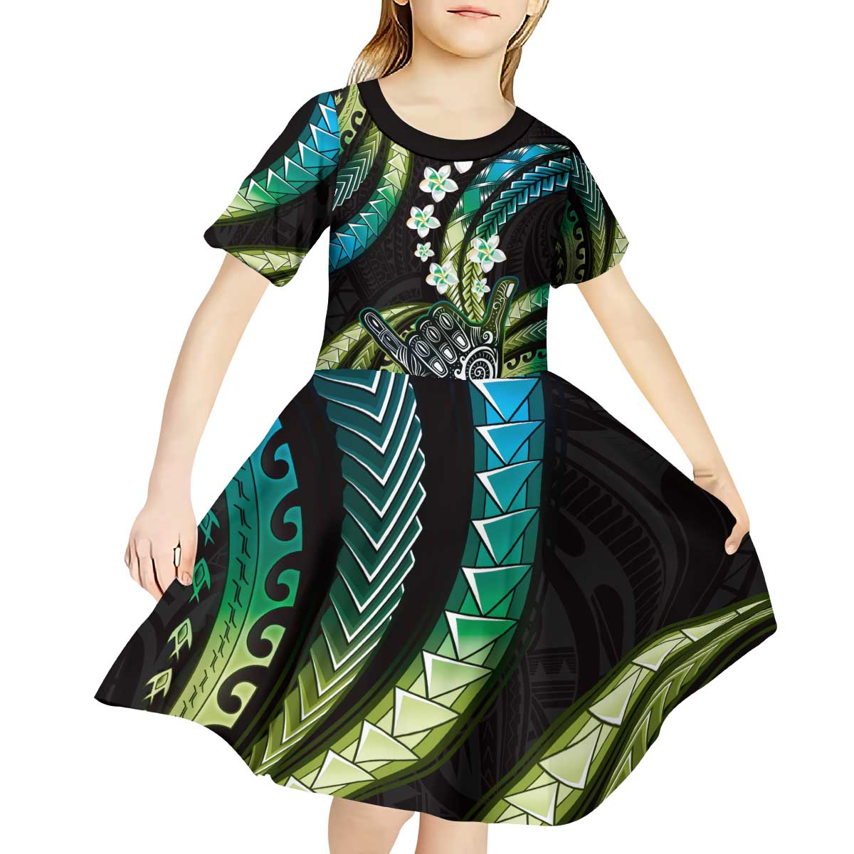 Hawaii Shaka Sign Kid Short Sleeve Dress Fantastic Frangipani Chartreuse Cyan LT01 - Polynesian Pride