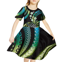 Hawaii Shaka Sign Kid Short Sleeve Dress Fantastic Frangipani Chartreuse Cyan LT01 - Polynesian Pride